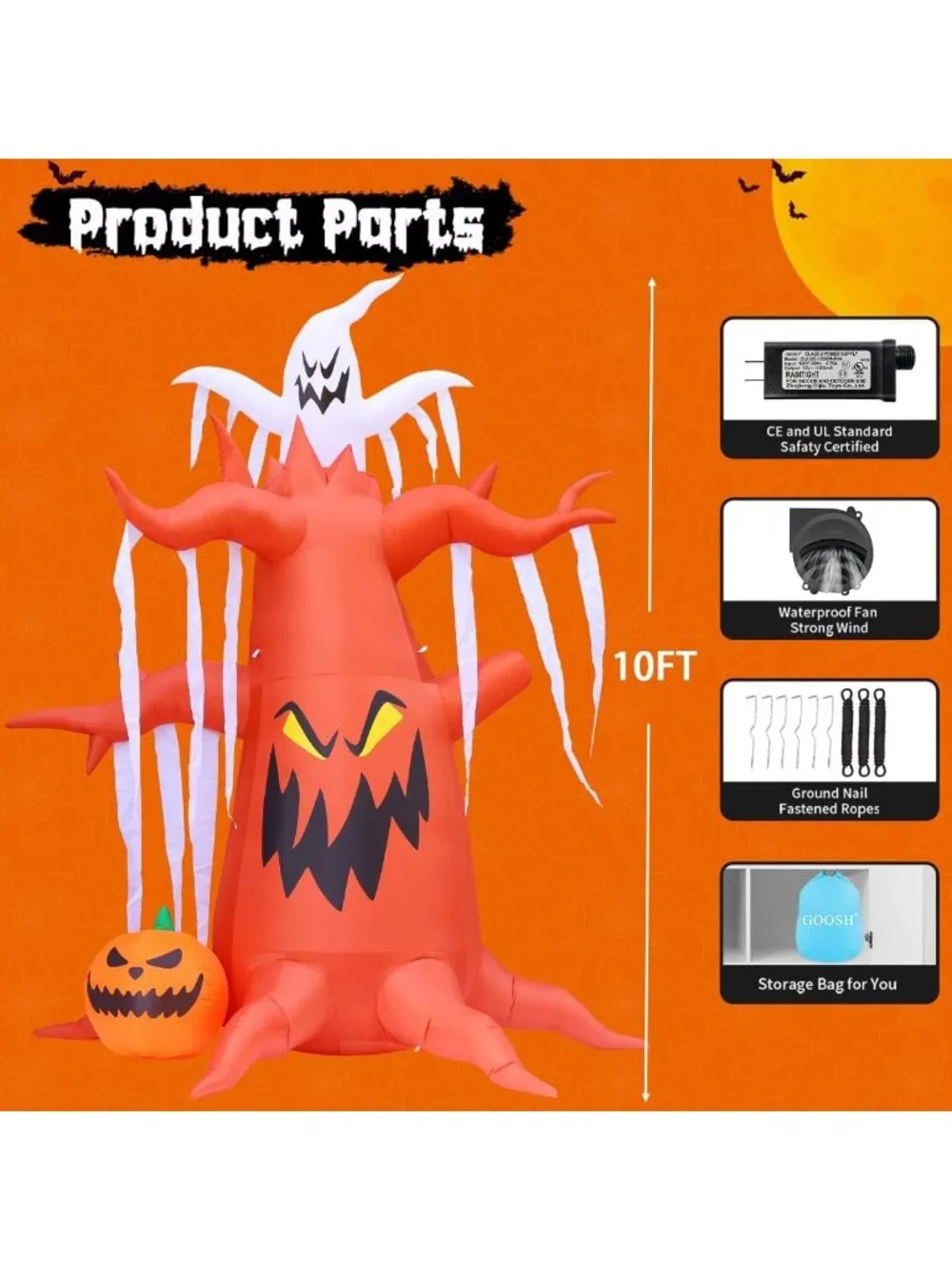 10 FT Halloween Inflatable Scary Tree with Pumpkin & Ghost, LED Yard Decor